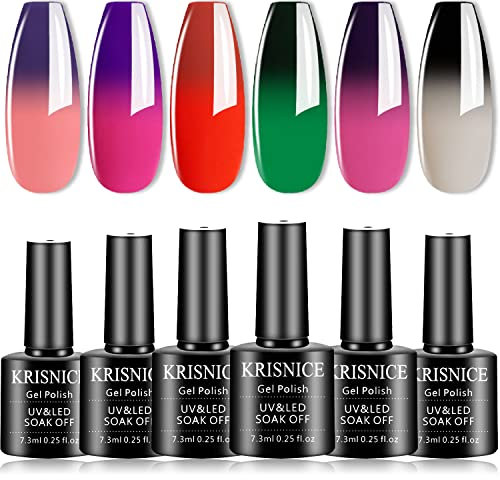 KRISNICE Colour Changing Gel Nail Polish Black Pink Blue Purple Glitter Mood Thermal Temperature Chameleon Manicure Soak Off UV LED Lacquer Nail (KWB6-007)