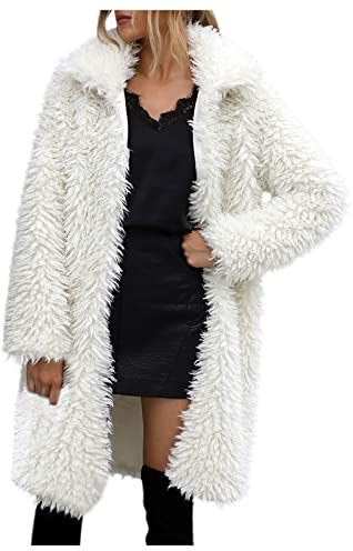 JOYISURE Wintermantel Damen Flauschig Weiße Lange Revers Kunstpelz Parka Coat Mode Bequem Plüschjacke Oversize Samtjacke Teddy Fleecejacke Kunstpelz Mantel Fellimitat-Jacken(Weiß,M)