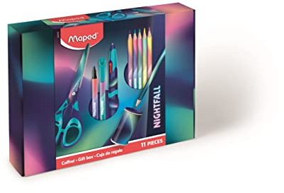 Maped 11-teiliges Geschenkset Nightfall – 1 Schere + 1 Spitzer + 1 Graphitstift + 2 Filzstifte mit feiner Spitze + 1 Kugelschreiber mit 4 Farben Twin Tip + 5 Buntstifte