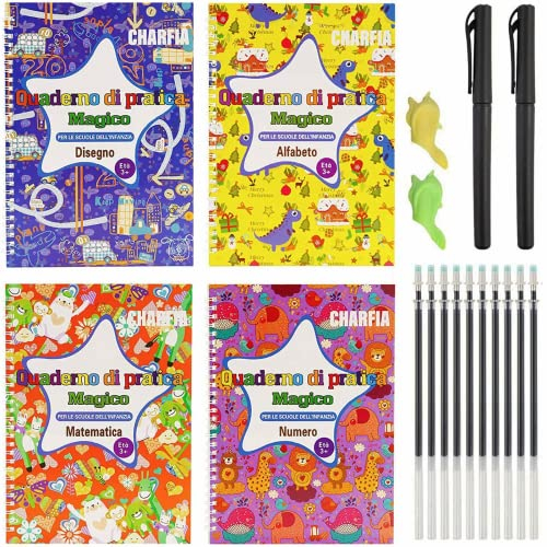 Charfia 4 Stück Groß Italienisch Handschrift Übungsbücher, Wiederverwendbares Kalligraphie-Heft Magische Kalligraphie Handschrift Copybook für Kinder [Large 18.3 * 25.8CM]