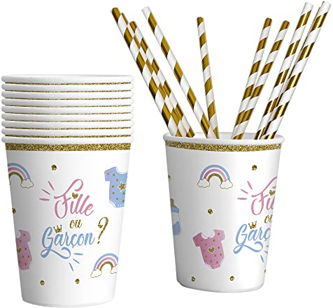 Triangle Déco Lot de 10 Gobelet Gender Reveal Party et 10 pailles, Goblet jetable gobelet fille ou garcon ?, Baby Shower gobelet rose et bleu Gender Reveal, Verre Gender Reveal, Paille Gender Reveal