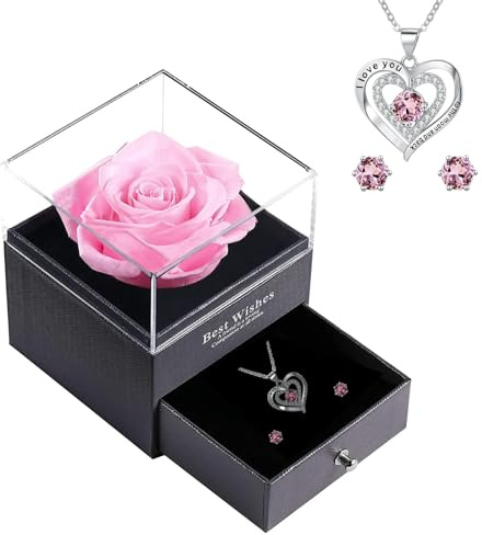 Rosa eterna, conservata rosa collana con 100 lingue, ti amo testo all'interno, vera rosa eterna per donna, madre, sorella, San Valentino, festa della mamma, compleanno, Natale, Metallo