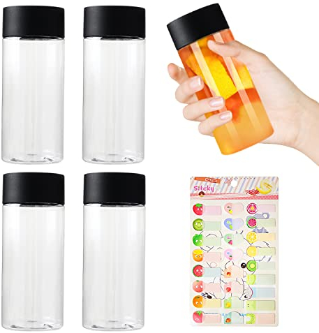 LSYYSL 4 Pack Plastic Juice Bottles with 1 Fruit Label, Drink Bottles with Lids, Beverage Containers, Clear Drink Bottles, Great for Juice, Milk, Homemade Drinks, Black