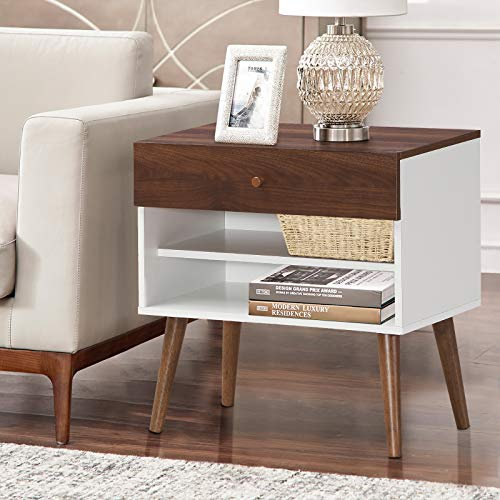 GIANTEX Mesita de Noche con Cajón y 2 Estantes Abiertos, Mesa Auxiliar con Patas de Madera, Cómoda de Noche, Consola Moderna, 60 x 38 x 60 cm, Nogal y Blanco