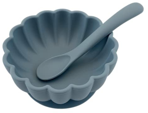 Alimos Scalloped Edge Silicone Baby Weaning Bowl and Spoon Set BPA-Free Baby Led Weaning Suction Base Baby Bowl (Navy Blue)
