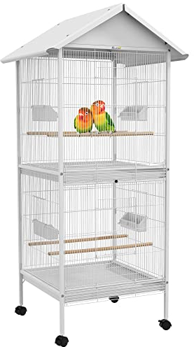 PawHut Volière Cage à Oiseaux sur roulettes Design Maison mangeoires perchoirs Portes Plateaux excréments Amovibles métal Blanc