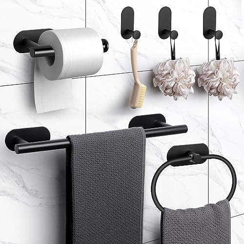 JiGiU Handtuchhalter Ohne Bohren 6 Stück Badezimmerzubehör Kit 304 Edelstahl inkl. Handtuchstange + Toilettenpapierhalter + Handtuchring + 3 Bademantelhaken für Bad & Küche (Matt Schwarz)