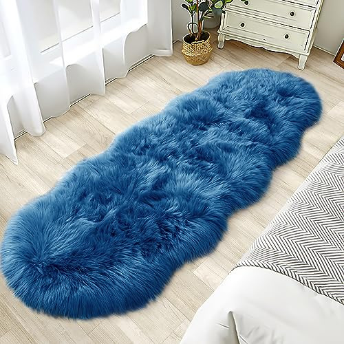 Kunstfell-Teppich für Schlafzimmer, flauschiger Läufer, weicher Schaffell, Teppich, Sofa, Couch, Sitzkissen, 6 x 1,8 m, dunkelblau, Plüsch, Teppich, Bodenteppiche für Kinderzimmer, Nachttisch,