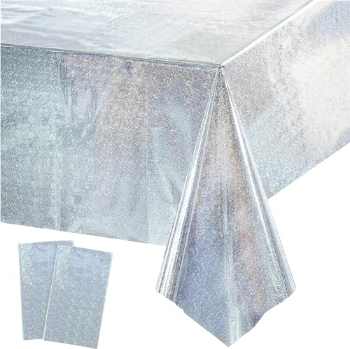 GREATRIL Party Table Cover Disposable Silver Table Cloths for Birthday Graduation Ceremony Christmas Party Decorations Rectangle Tablecover 54'' x 108'' - 2 Packs