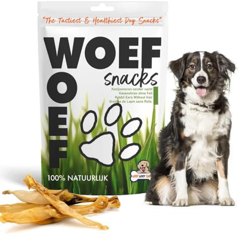 Woef Woef Snacks, Kaninchenohren Ohne Fell, 100% Natürliche Hundeleckerli, Hypoallergene Kaustangen Hund für Zahnpflege und Beschäftigung, Fettarm, 250g