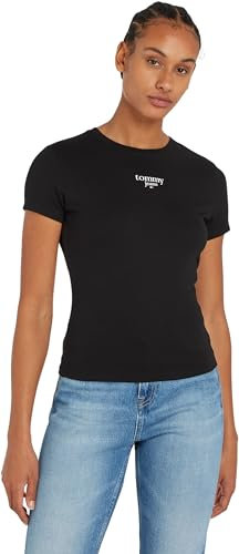 Tommy Jeans Damen T-Shirt Kurzarm Slim Logo Rundhalsausschnitt, Schwarz (Black), L