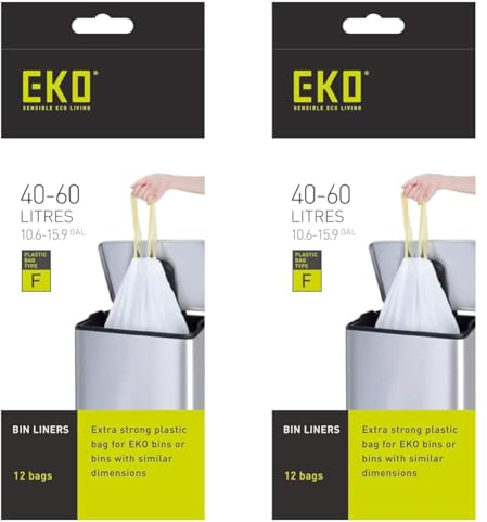 EKO Size F Bin Liners For Kitchen Bins - 40-60 Litre Capacity - Extra Strong Bags with Drawstring Tie Handles - 12 Bags,White (Pack of 2)