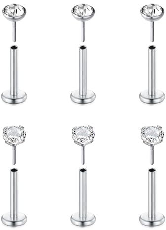 FECTAS 6 Stück gewindelose Push-In Lip Bars Labret Stud Piercing Edelstahl 16G 8mm Tragus Knorpel Helix Ohrring Piercing Schmuck Silber 3mm CZ