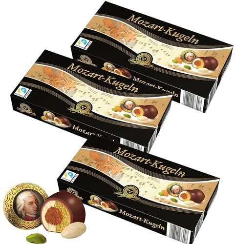 Henry Lambertz Mozartkugeln | 3x 200 g | Schokolade mit Haselnuss-Nougat, Marzipan und Pistazien-Marzipan Füllung | 600g