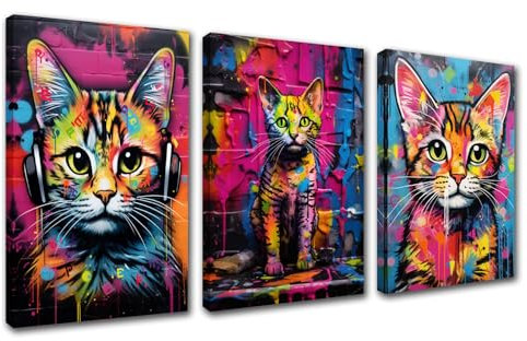 Niedliche Katze mit Kopfhörern, Leinwand-Kunst, farbige Kätzchen, Aquarell-Stil, Malerei, Drucke, Poster für Zimmer, Büro, Arbeitsplatz, Heimdekoration, modernes Kunstwerk, gespannt, einfach