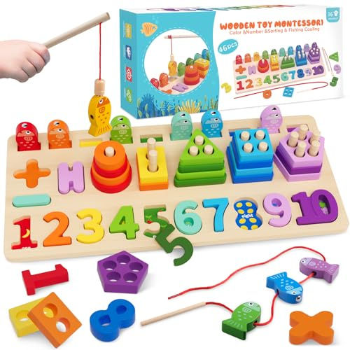 Plunack Montessori Holzspielzeug ab 3 Jahre, Magnetisches Angelspiel | 5-in-1 Lernset: Magnetisches Angeln, Zahlen 1-10, Formen & Farben, Sortieren und Stapeln – schult Feinmotorik ab 3 Jahren