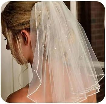AOREAS Weißer kurzer Hochzeitsschleier mit Perlen, Brautschleier, Brautschleier, Junggesellinnenabschied, Schleier für Bräute und Frauen