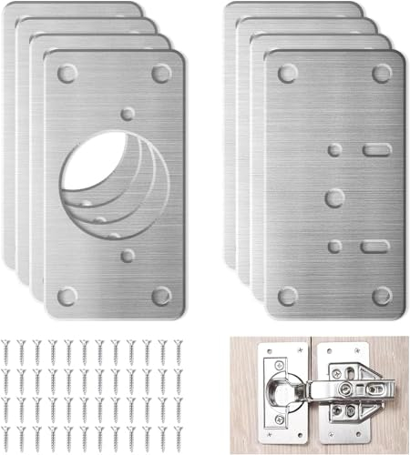 Placa de reparación de bisagras de 8 piezas con kit de soporte de 48 orificios roscados, placa de montaje de bisagras para armarios, estanterías