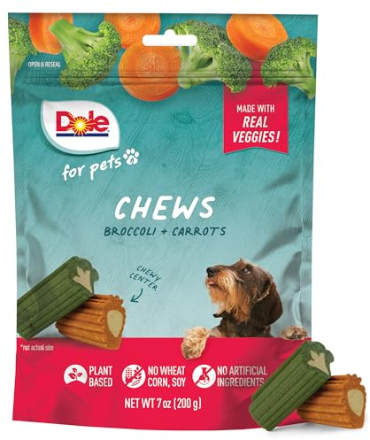 Dole for Pets Dog Chews, Assorted Broccoli + Carrot Vegetable-Flavored Treats, No Artificial Colors Flavors or Preservatives, No Wheat Corn Soy, Plant Based Dog Treats, 7.05 Oz Bag