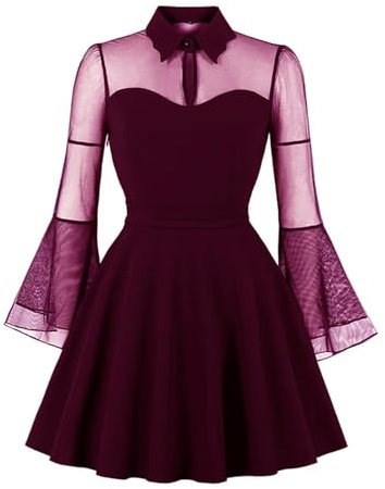 Trajes de Fiesta con Manga Acampanada de Malla con Cuello Vuelto para Mujer Mini Vestido Elegante Liso Negro-Fucsia-M