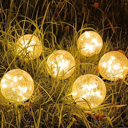 SyouHome Solar Garden Lights Outdoor Waterproof, 6 Pack LEDs Cracked Glass Ball Light, Ground Landscape Garden Decor, Solar Globe Decorative for Pathway/Patio/Lawn/Yard