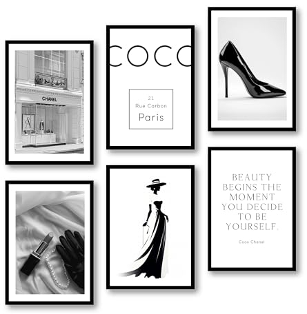 MJ-GRAPHICS® Bilder Fashion, Mood Poster Coco, Schwarz Weiß Bild Lifestyle, Wandbilder Schlafzimmer, Bilder Wohnzimmer 6xA4, Poster & Kunstdrucke, Elegante Bilder, Wandbilder Vintage ohne Rahmen