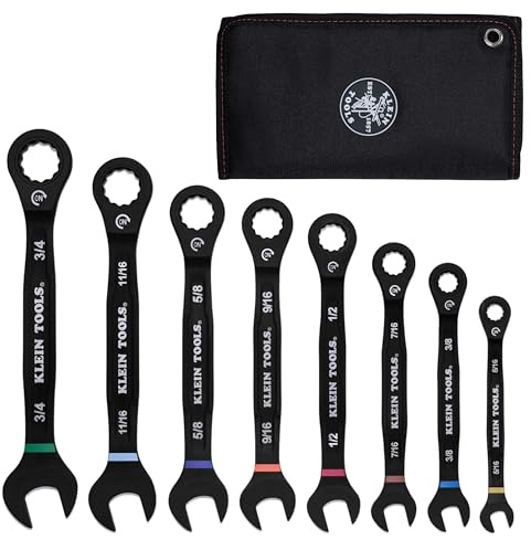 KLEIN TOOLS 69408G Ratcheting Combination Wrench Set, SAE, 8-Piece, 5/16 to 3/4-Inch, Steel Alloy, Foam Pouch, 90-Tooth