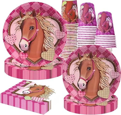 64 Stuck Partygeschirr Pferd,Pferde Deko,Pferde Pervietten Pindergeburtstag,Pferd Geburtstag Party Geschirr Set,fur Kindergeburtstag Party Dekoration Geburtstagsdeko 16 Gaste