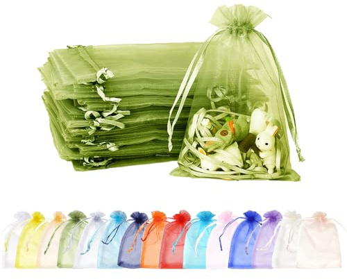 MORAINJAY 100 Stück Organzasäckchen 9x12cm Armeegrün Beutel mit Kordelzug | Für rustikale Geschenkdeko, natürliche Feiern; halbtransparente Beutel für Schmuck, Bonbons und kleine Geschenke
