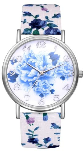 OIDEA Damen Uhren Böhmisch Armbanduhr: Blau Blumen Muster Analog Quarz mit Großem digital Zifferblatt Klare Uhr Geschenk für Frauen Mädchen