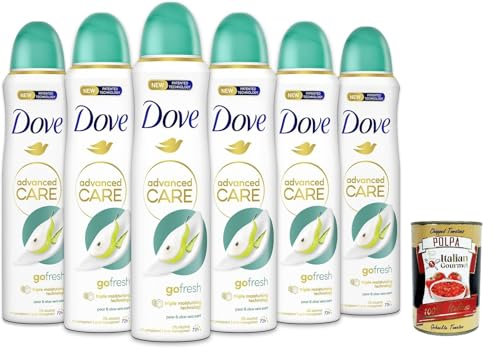 Dove Deodorant Spray Advanced Care Go Fresh Birne und Aloe Vera, deo Mit feuchtigkeitsspendenden und empfindlichen Formel auf der Haut, ohne Alkohol, 72 Stunden, 6x 150 ml + Italian Gourmet polpa 400g