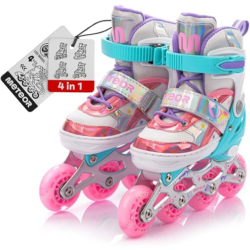meteor® 4-in-1 Children's Inline Roller Blades Quad Skates Carbon Children's Inline Skates Adjustable Shoe Big Wheels