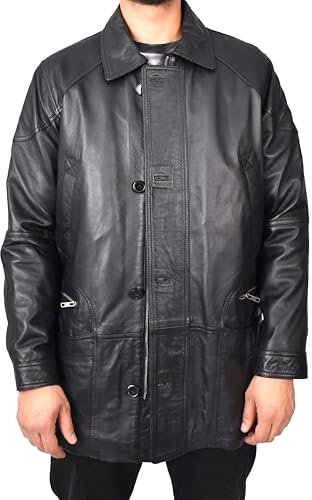 Divergent Retail Men’s Genuine Leather Parka Overcoat Gents Long Coat Double Stitching Aric (UK, Alpha, L, Regular, Tall, Black)