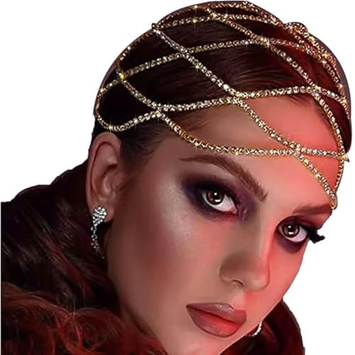 RUNRAYAY Strass -Mesh -Kopfbedeckungskappe, brüllende 1920er Jahre Bauch Tanzkristallklapper Kopfkette Brautparty Haarzubehör für Frauen Kostümparty - Golden