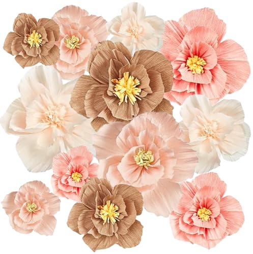 12 Stück Krepppapier Blumen, Papierblumen Deko, Geburtstags Dekoration, Papierblumen zum Aufhängen, Party Dekoration, Dunkelrosa, Hellrosa, Pfirsich, Beige, Mädchenpartys, Babypartys, Brautparty
