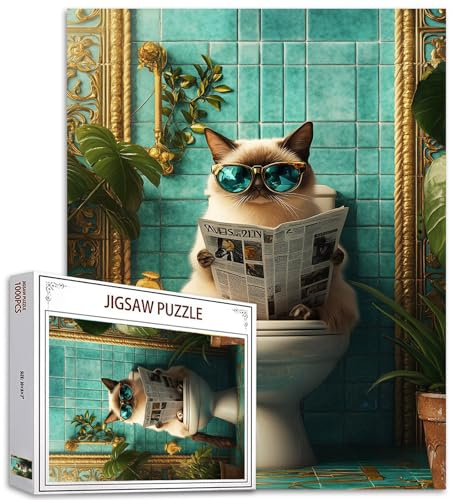1000 Piece Siamese Cat Jigsaw Puzzles for Adults Animals Going Toilet Puzzles Interesting Puzzle 50×70cm Challenging Family Activity Games Colorful DIY Craft Puzzle for Home Decor Gifts