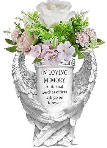Grave Decorations for Cemetery, Angel Wings Vases with Spikes for Garden Decorations Waterproof Garden Statues Memorial Gravestone Fresh Artificial Flower Holder for Cemetery Headstones