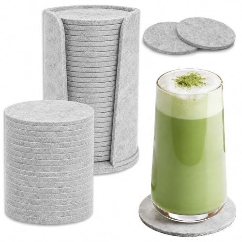 50 Set Filzuntersetzer Rund, Filz Untersetzer FüR GläSer, Glasuntersetzer Waschbar, mit 1 STK aufbewahrungsbox, Filz Untersetzer für Tassen, Tisch, Bar, Getränke (10 cm, Grau)