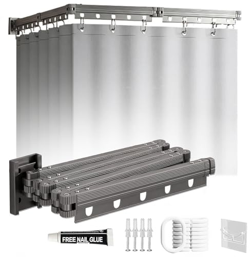 Duschvorhangstange Ohne Bohren, 1.8x2M Faltbarer Duschvorhang mit Duschvorhangstange, Montagekleber ohne Nagel/mit Einem Bohrer Bohren, 4-Fach für Badezimmer, Umkleideräume, Wohnmobile