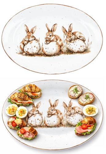 Ritzenhoff & Breker 2er Set Bunny Servierplatten I (LxB) 31x22cm I ovale Platten aus Porzellan I weiß mit Hasenmotiv I Oster-Geschirr zum Servieren von Kuchen, Gebäck & Häppchen