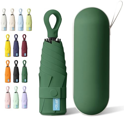 HCQC Mini Regenschirm Mit 6 Rippen, Uv-Schutz Sonnenschirm Upf 50+ - Winddichter Taschenschirm, Kompakter Faltbarer Reiseschirm Für Herren & Damen (Dunkelgrün)