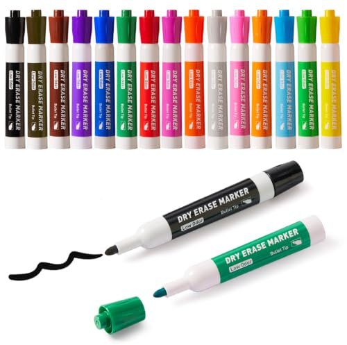 FLYWIND 15 Colours Whiteboard Pens Dry Wipe Erase Markers 2.7mm Bullet Tip | Fast Drying Easy Wipe Off Low Odor Non-toxic Office School Home for Workers Teachers Glass Ceramic Plastic