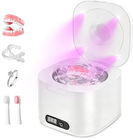 Ultraschallreinigungsgerät Zahnschiene 48000Hz UV, Ultraschallreiniger für Zahnprothesen, Dental Pod für Zahnschiene, 4 Timer-Modi, Edelstahlbehälter, für Brille, Schmuck & Zahnersatz