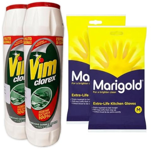 Dezpo Cleaning Bundle compatible with Vim Scourer Powder + Marigold Gloves — 2× Vim Classic 750g (Pack of 2) + 1× Marigold Rubber Gloves M