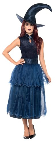 Smiffys Deluxe Midnight Witch Costume, Blue with Dress, Belt, Lenticular 3D Print Brooch & Hat, Halloween Adult Fancy Dress, Witch Dress Up Costumes