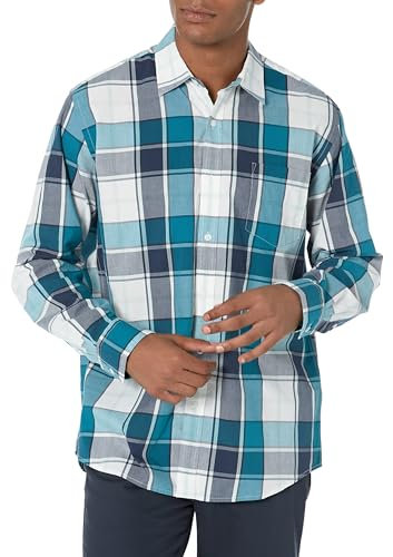 Amazon Essentials Men's Regular-Fit Long-Sleeve Casual Poplin Shirt, Teal Blue Navy Large Plaid, XXL