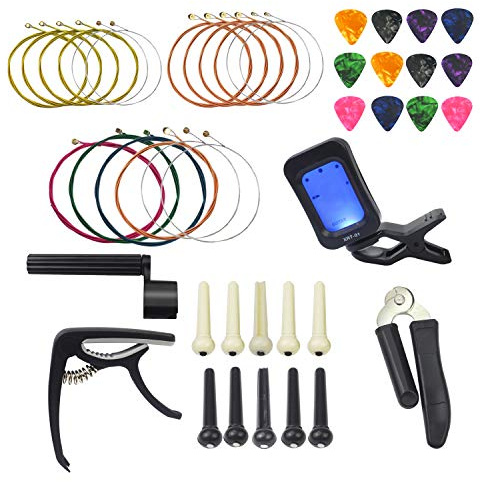 Weimeet 46-teiliges Gitarren-Werkzeugset Gitarrensaiten Wechselset inkl. Gitarrensaiten, Gitarren-Stimmgerät, Plektren, Kapodaster, Gitarrensaiten-Schneider und Winder