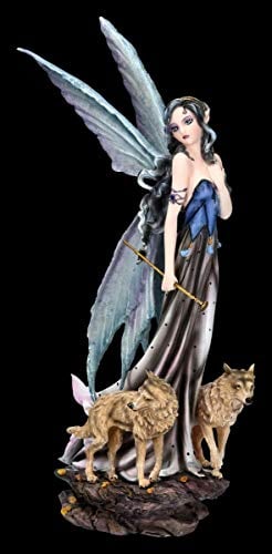 Figuren Shop GmbH Elfen Fantasy-Figur - Nessa mit Wölfen | Fee, Fairy, Engel, Deko-Figur, Deko-Artikel, Statue, Skulptur, H 25 cm