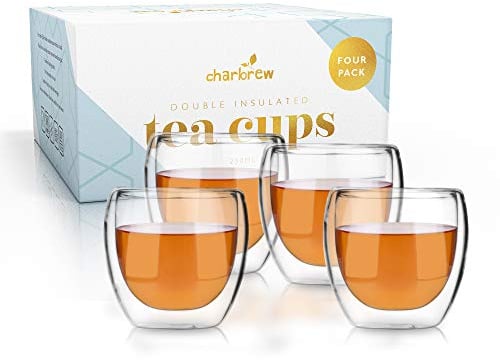 Charbrew 4 Pack (250ml/8.5 fl. oz x4) Double Walled Thermo Insulated Tea Glass Cups - Lightweight, Easy to Clean, Heat Resistant, Insulating Borosilicate Cups for Coffee (Cappuccino, Latte) and Tea
