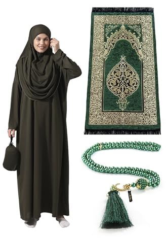 Muslim-Kleider für Frauen, One-Piece-Langarm Hijab Abaya in voller Länge islamischen Gebet-Kleid & Green islamischer Gebetsteppich & Gebetskette, Khaki, Standart Größen: 2-12 (XS-XXL)